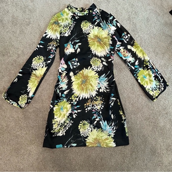 Zara Black satin floral flower print long sleeve high neck mini dress Sz S NWOT - Picture 3 of 13